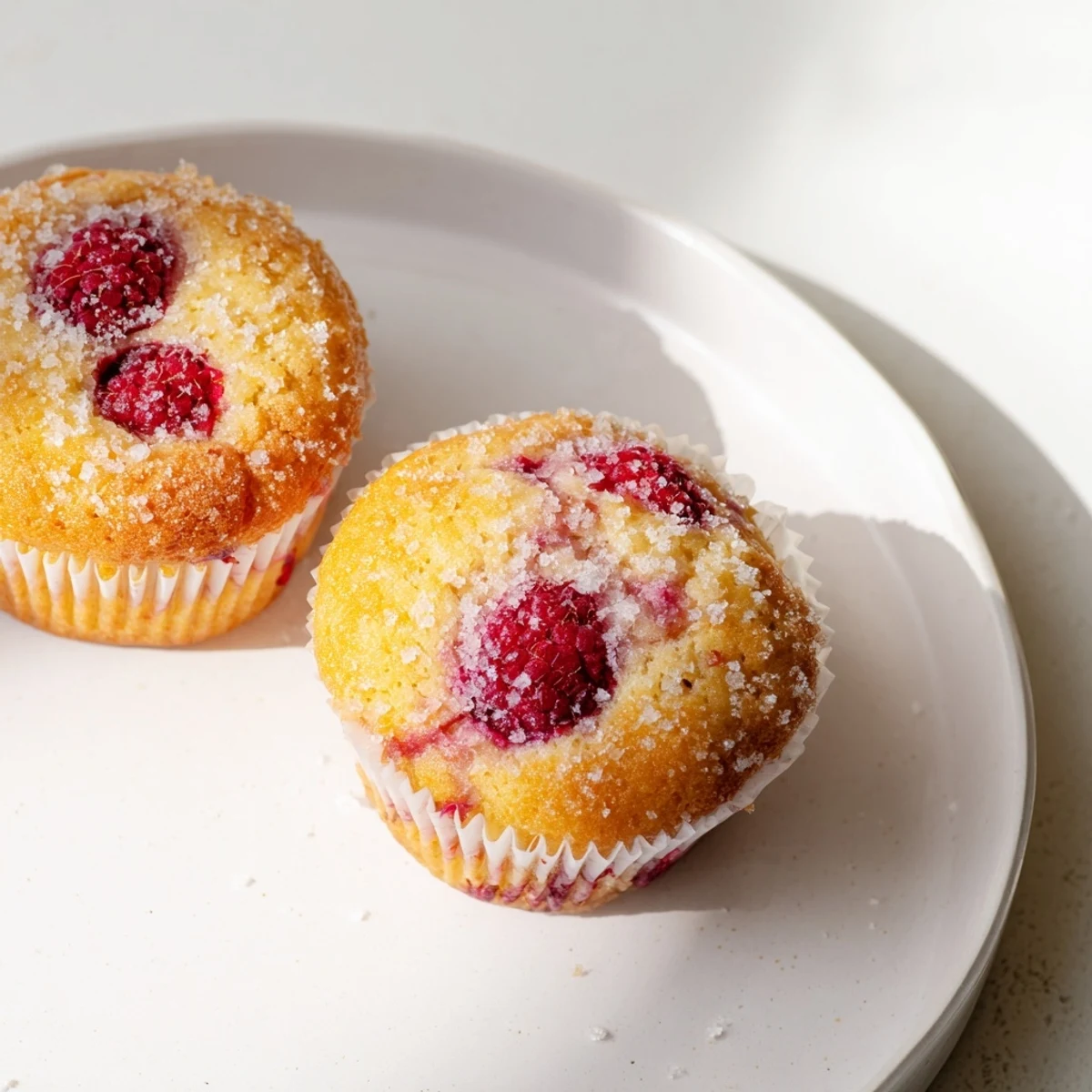 Golden raspberry lemon ricotta muffins topped with coarse sugar and fresh raspberry pieces