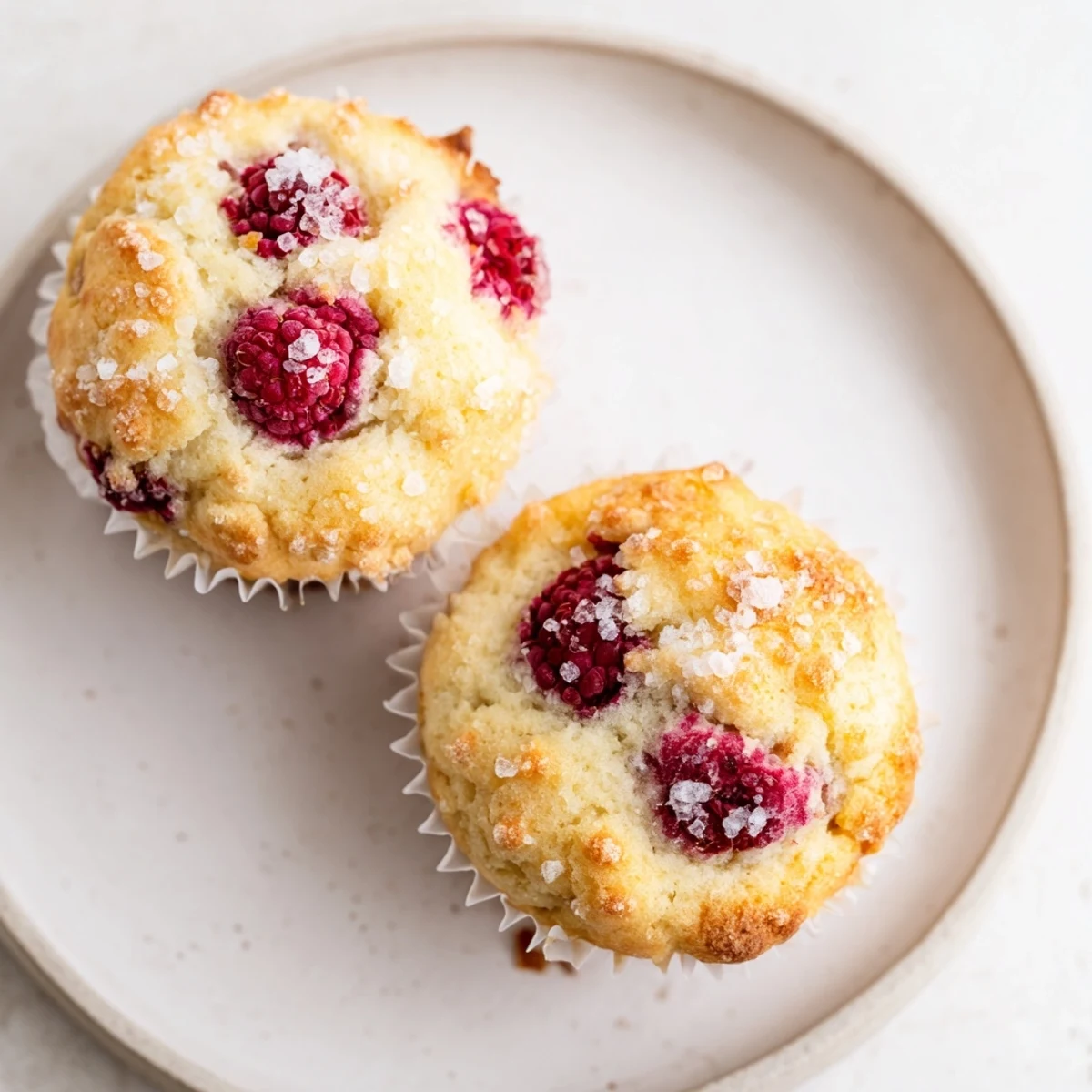 Moist breakfast muffins studded with juicy red raspberries and creamy ricotta cheese crumbles