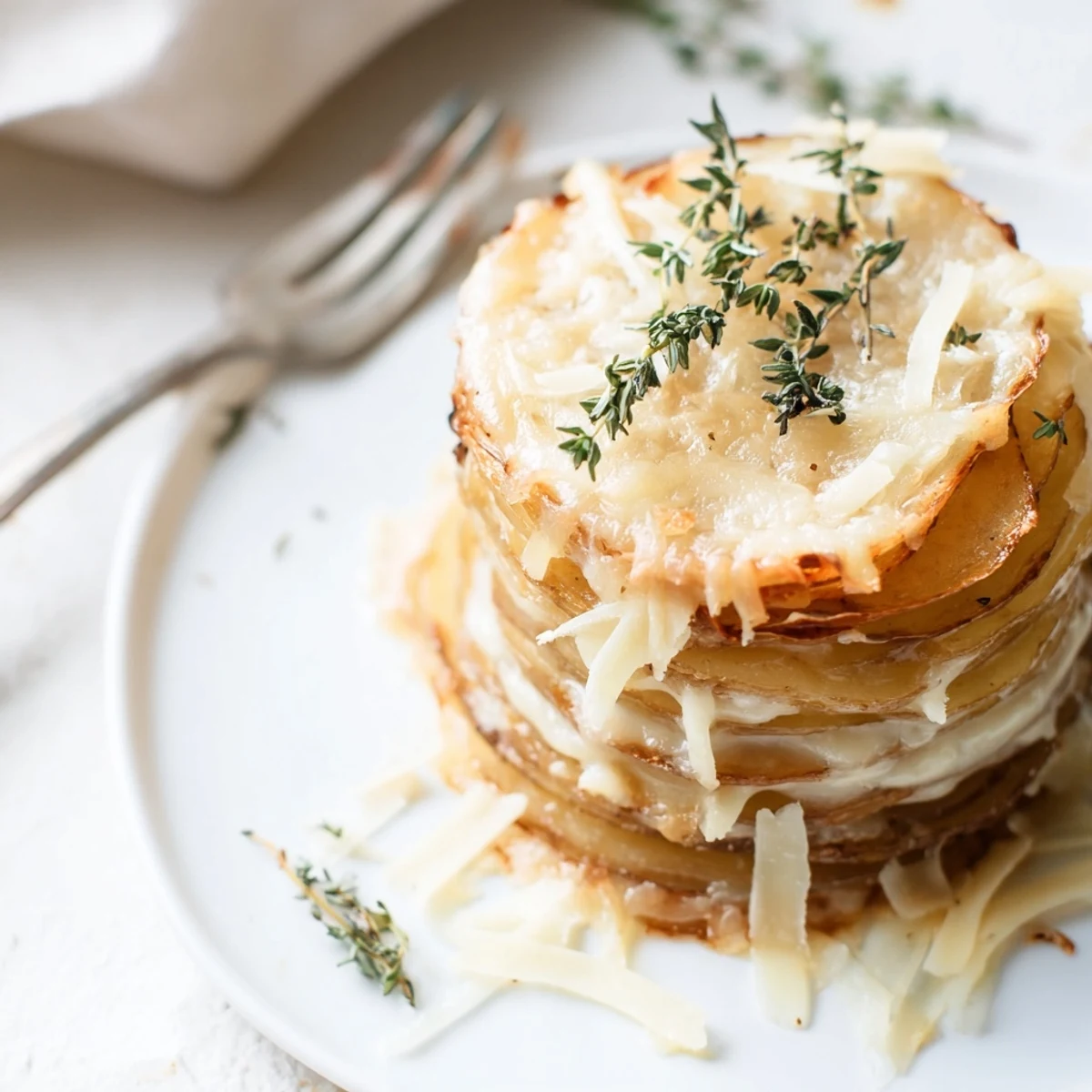 Golden cheese scalloped potato stacks arranged in a muffin tin with bubbly melted cheddar topping and fresh thyme garnish