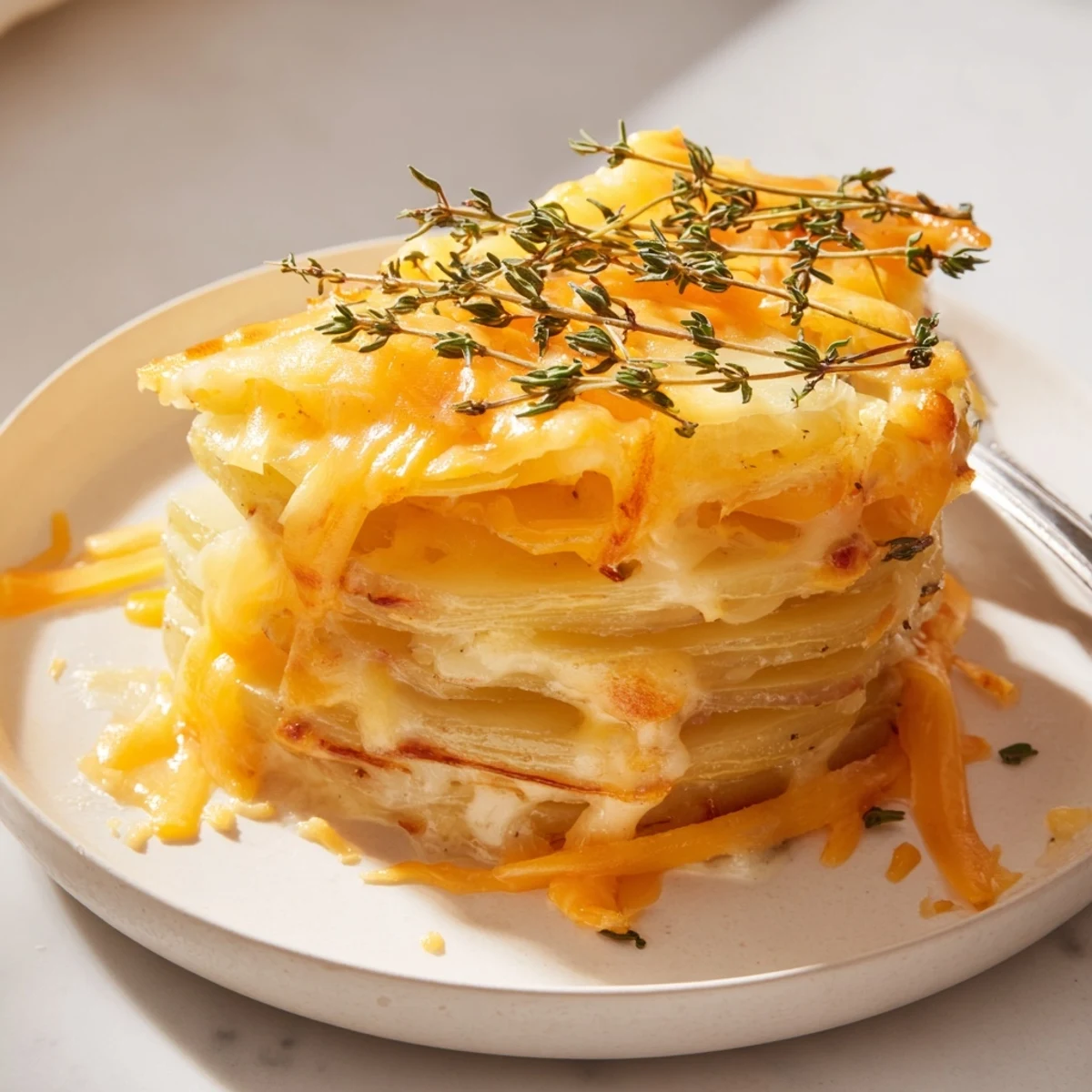 Crispy edged cheese scalloped potato stacks served on a white plate showing tender layered potato interiors with golden cheese crust