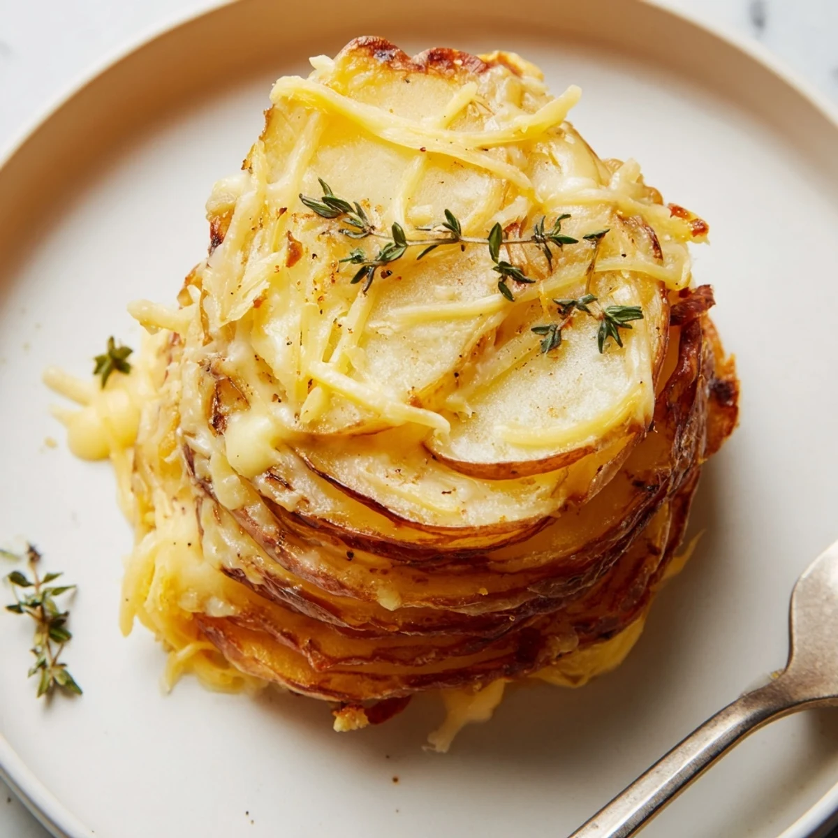 Individual scalloped potato stacks featuring layers of thin sliced potatoes baked in creamy sharp cheddar and Gruyère sauce