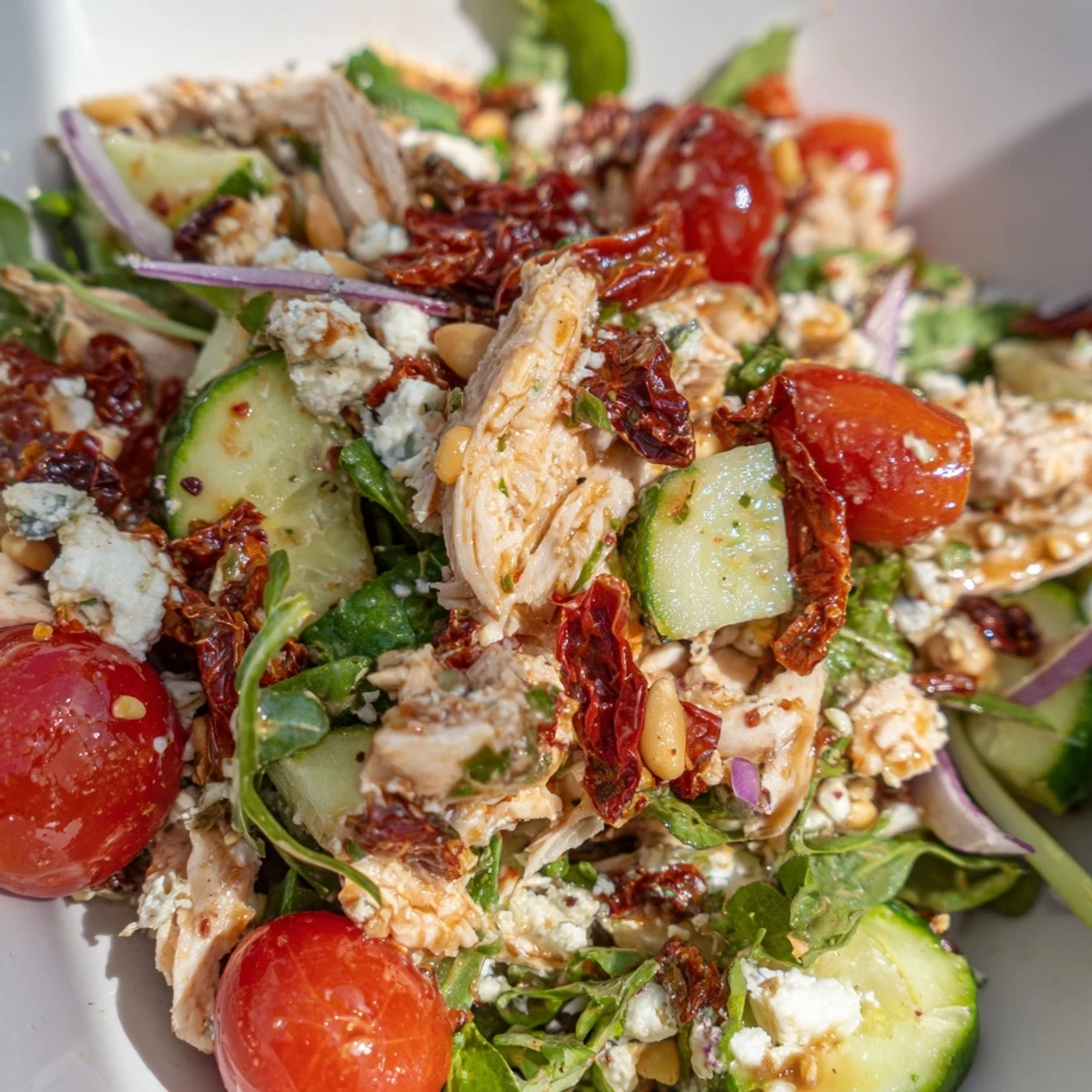 Colorful Sun Dried Tomato Chicken Salad with tender chicken, tangy sun-dried tomatoes, and fresh vegetables on mixed greens