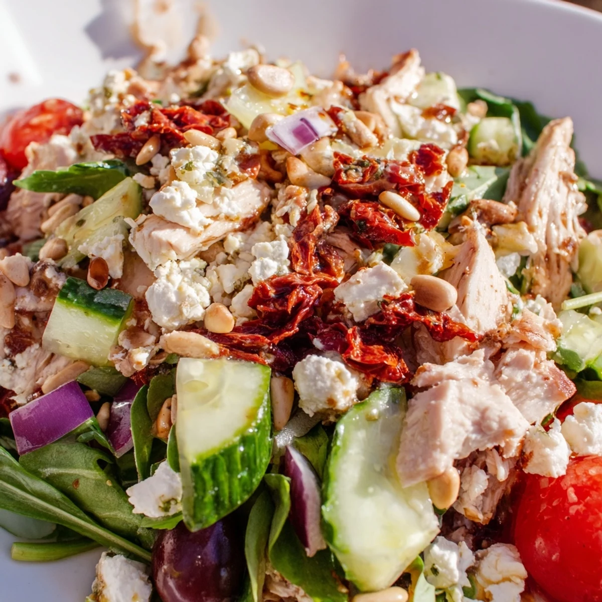 Mediterranean-style Sun Dried Tomato Chicken Salad topped with crumbled feta cheese, pine nuts, and balsamic dressing