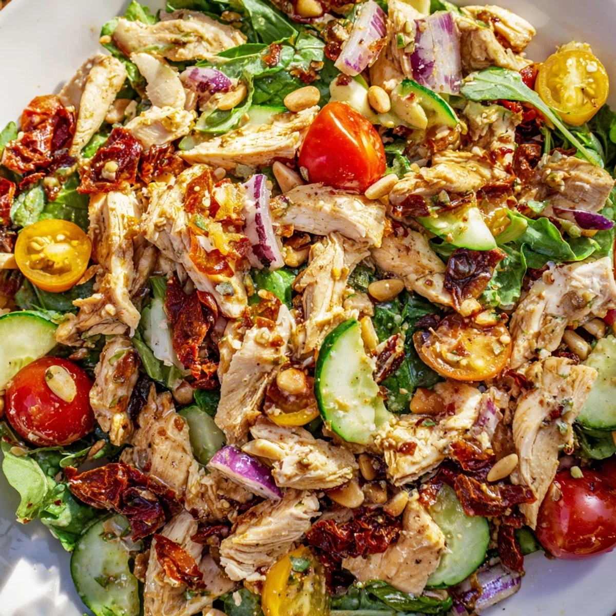Protein-packed Sun Dried Tomato Chicken Salad featuring diced chicken breast, cherry tomatoes, cucumber, and red onion