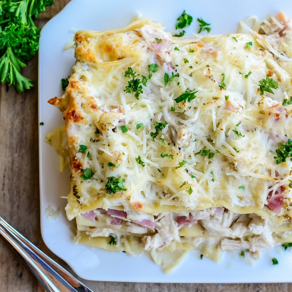Chicken Cordon Bleu Lasagna served steaming hot with melted mozzarella and fresh parsley garnish