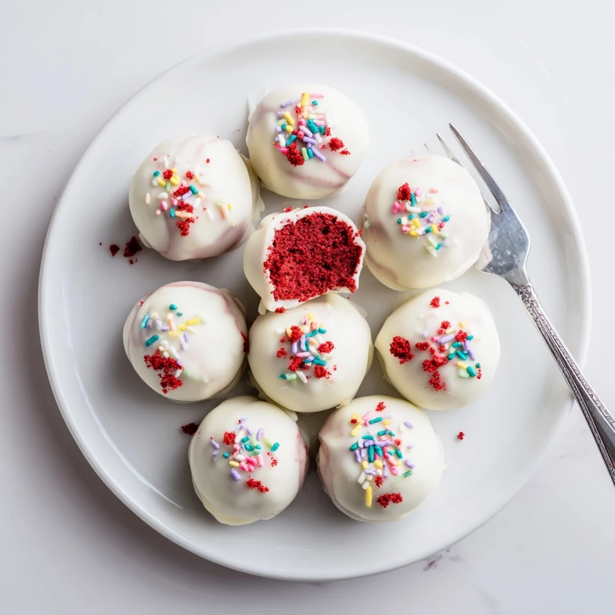 Bite-sized red velvet cheesecake balls coated in smooth white chocolate with colorful sprinkles
