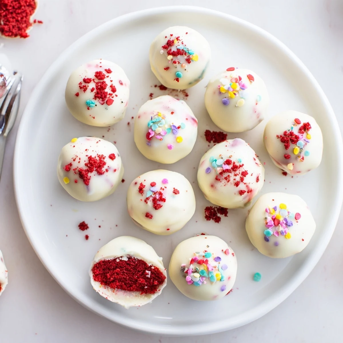 Decadent red velvet cheesecake balls on a white plate drizzled with red chocolate