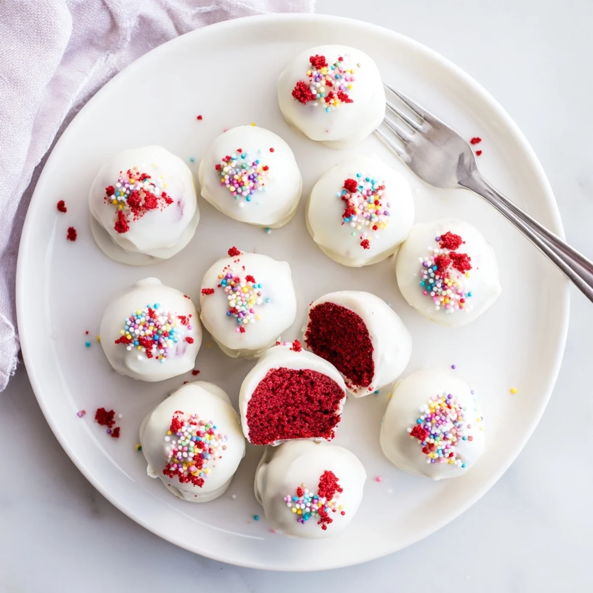 Homemade red velvet cheesecake balls arranged on a decorative serving platter for parties