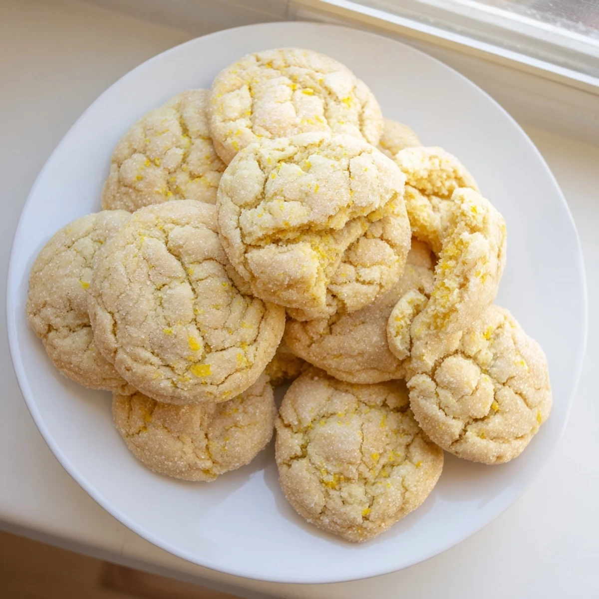 Golden soft chewy lemon cookies with crackled tops and sugary coating on a white cooling rack