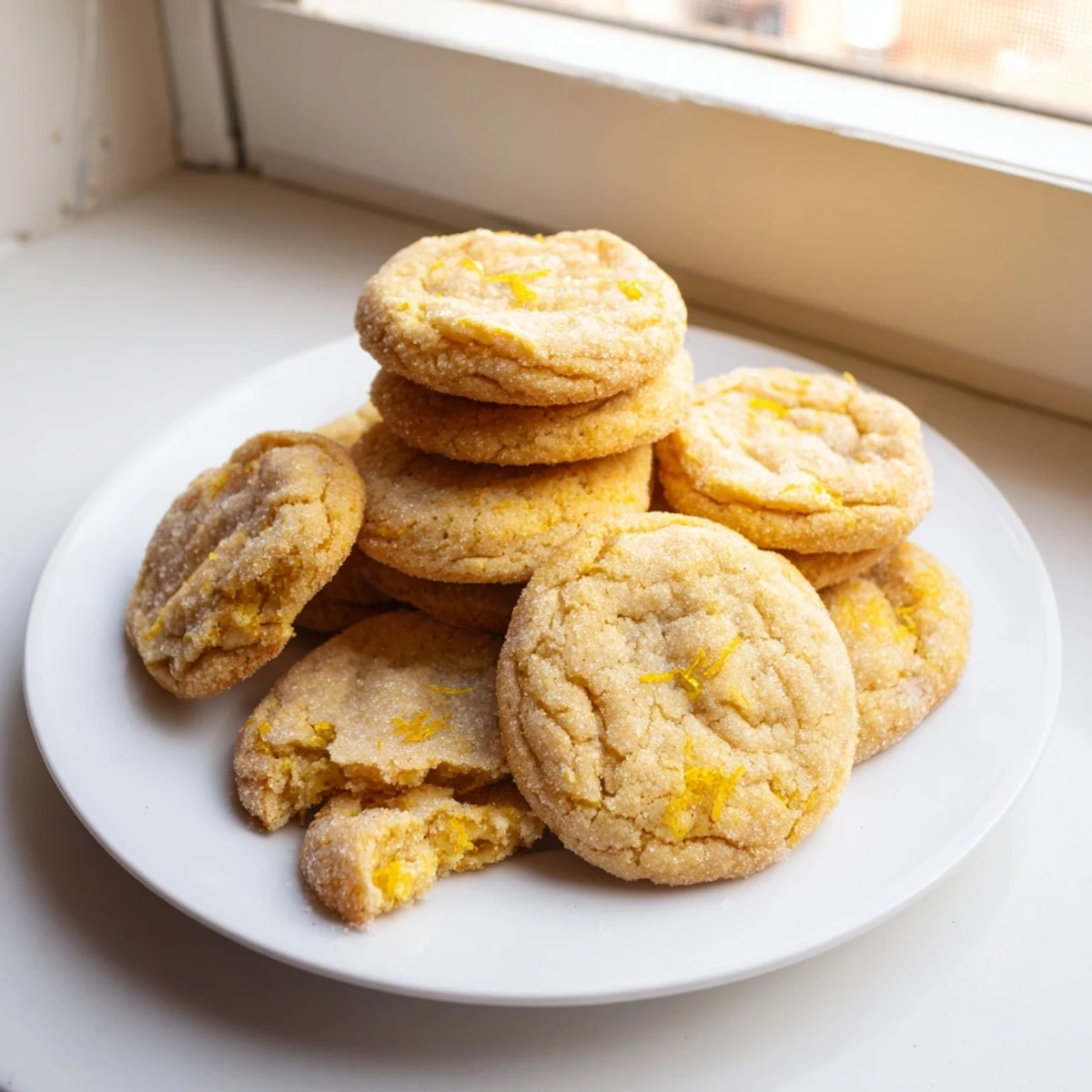 Freshly baked soft chewy lemon cookies stacked high with bright lemon zest garnish on wooden board