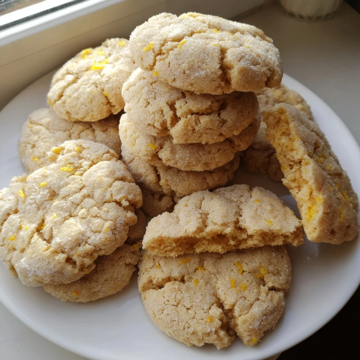 Soft chewy lemon cookies with tender centers and crisp edges cooling on parchment lined baking sheet