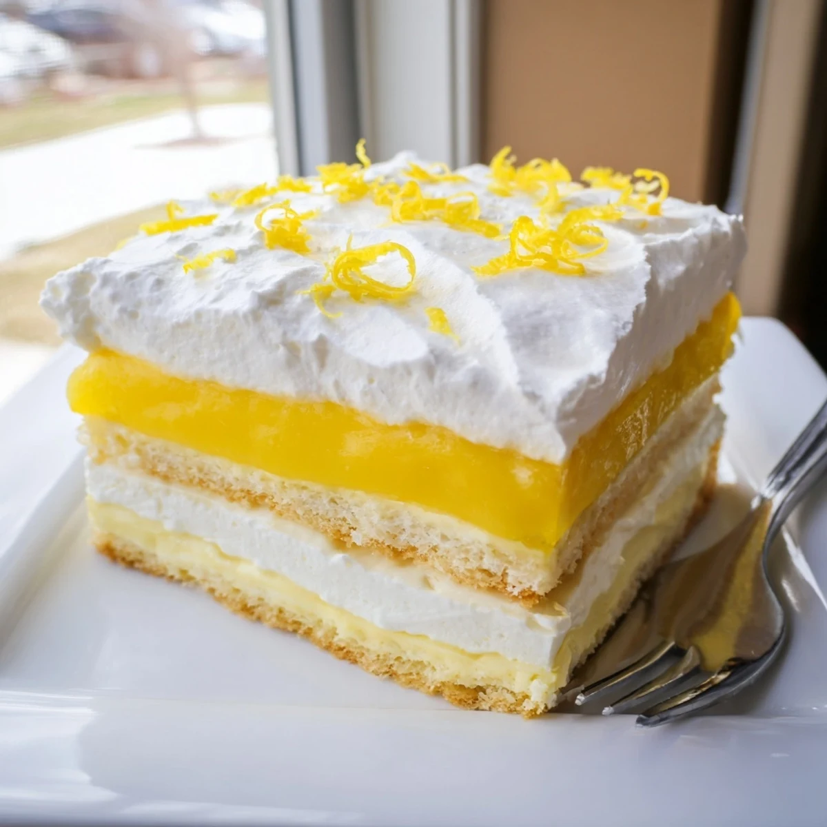 Golden lemon lush cake slice revealing creamy layered dessert with whipped topping garnish on white plate