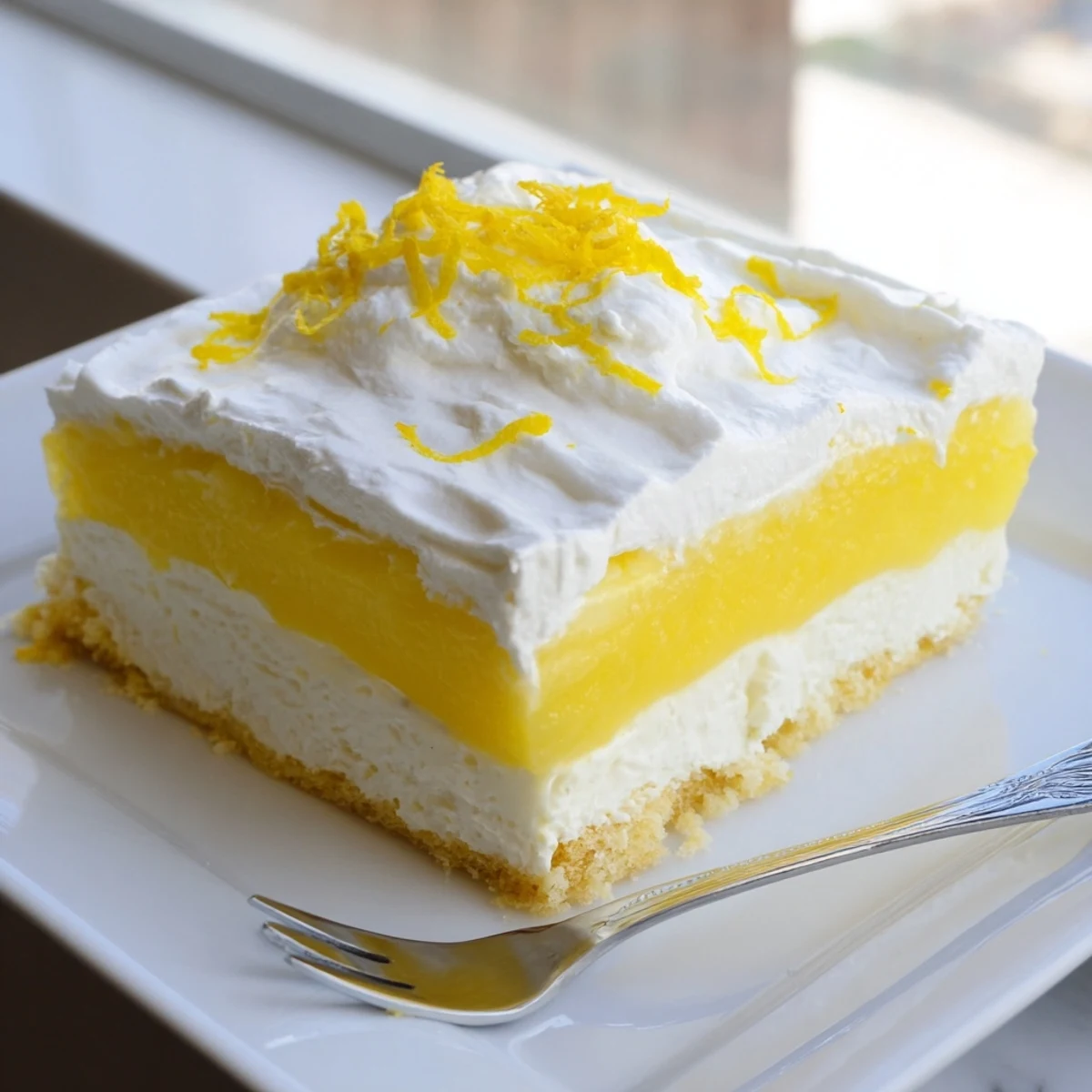 Lush lemon cake square topped with fluffy whipped cream and fresh citrus zest on serving dish