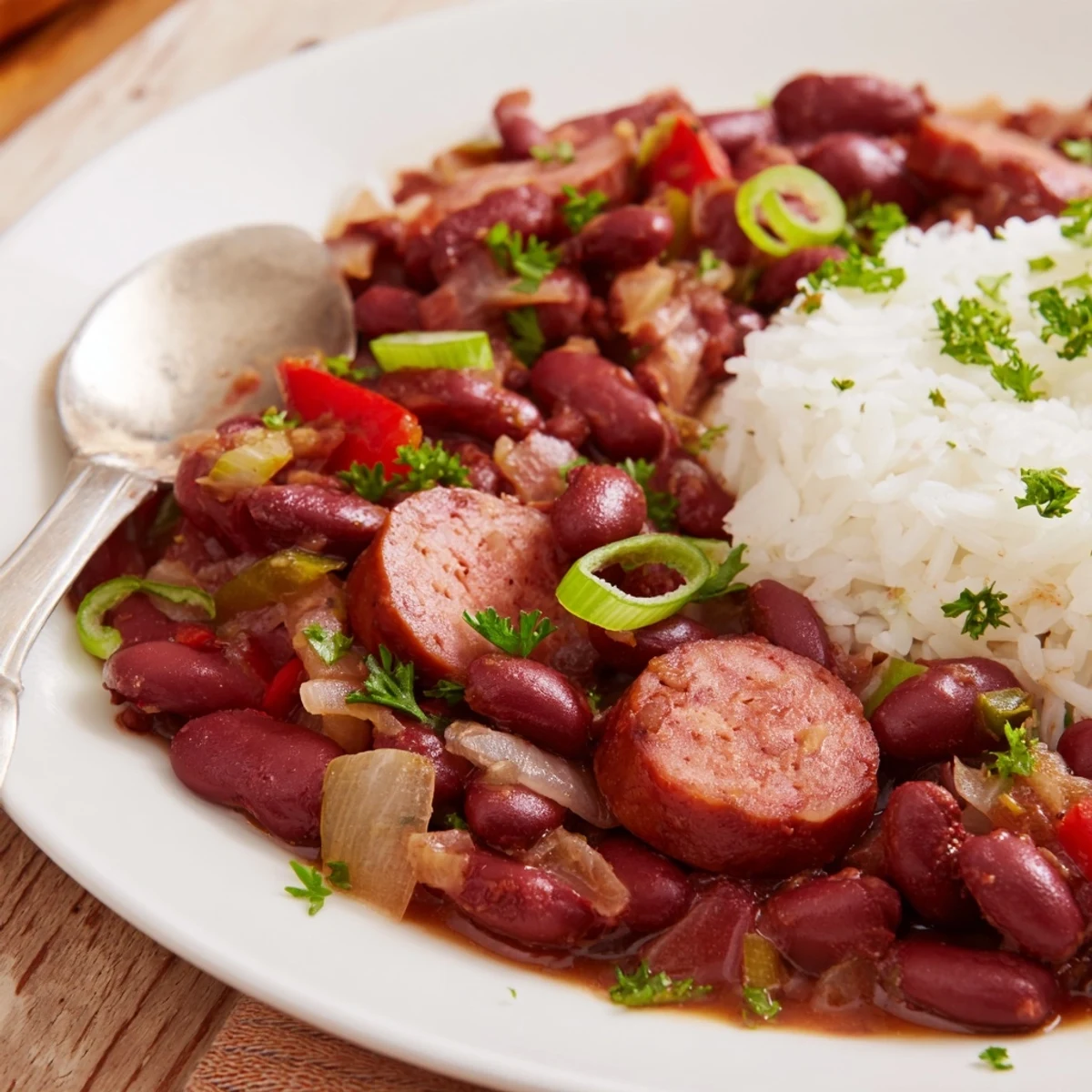 Red Beans and Rice steaming in a pot, smoky sausage and parsley.  