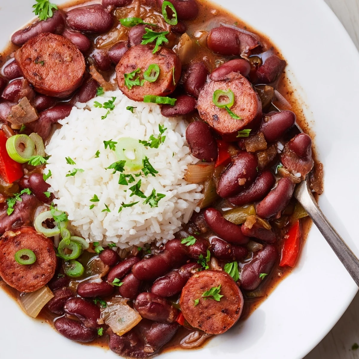 Hearty Red Beans and Rice served over fluffy white rice with scallions.  