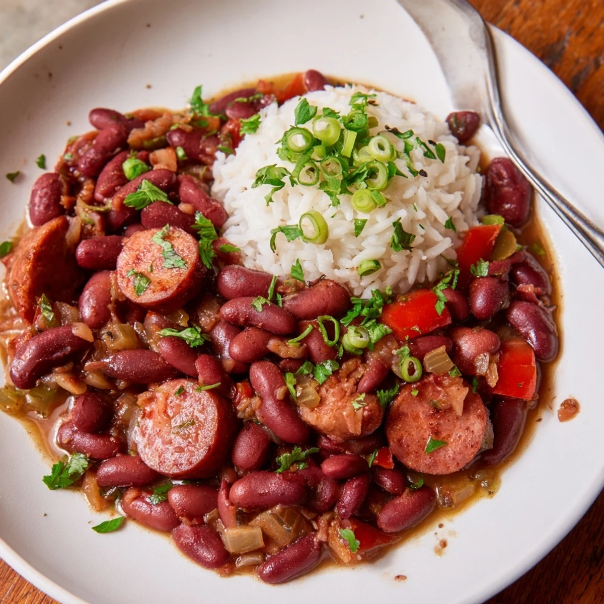 Slow-simmered Red Beans and Rice spooned into bowl, rich aroma and heat.