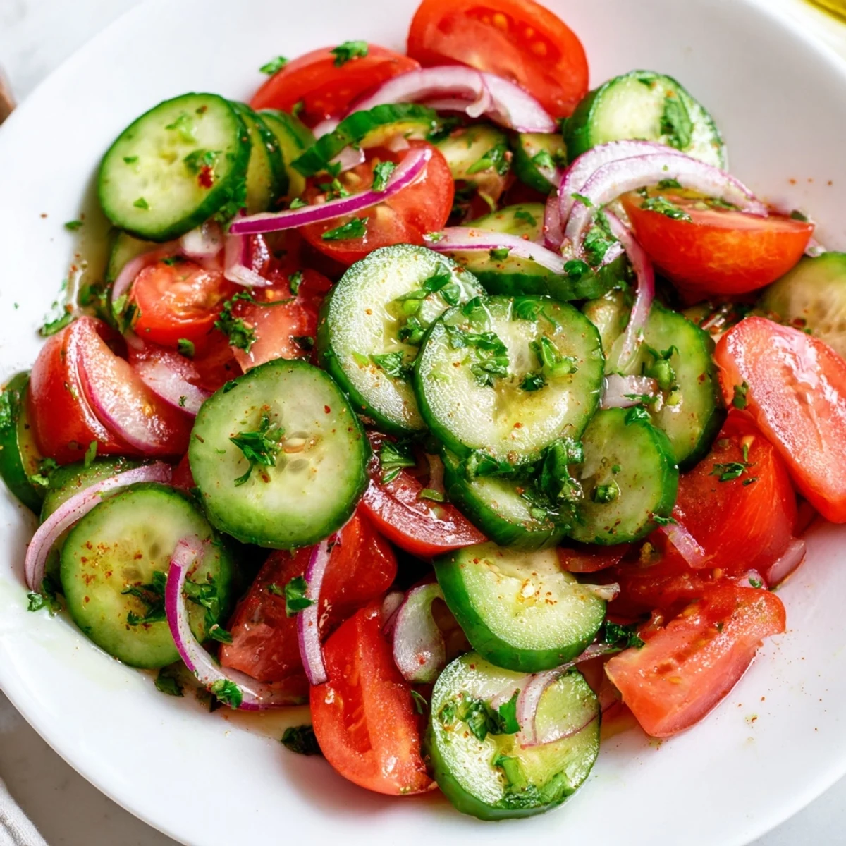 Cucumber Tomato Salad with crisp cucumber slices and juicy tomatoes, lemony vinaigrette