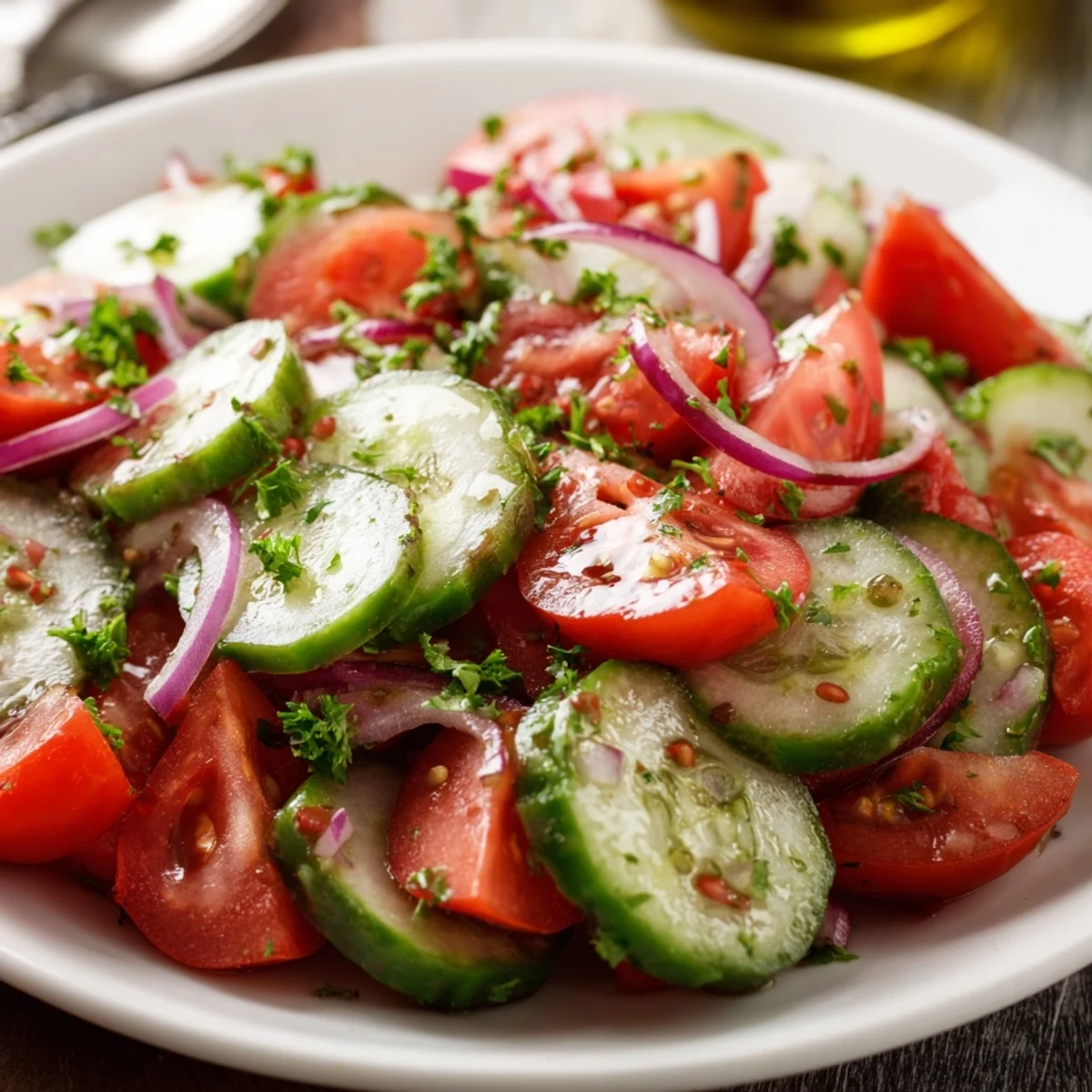 Bright Cucumber Tomato Salad tossed in olive oil dressing, served chilled