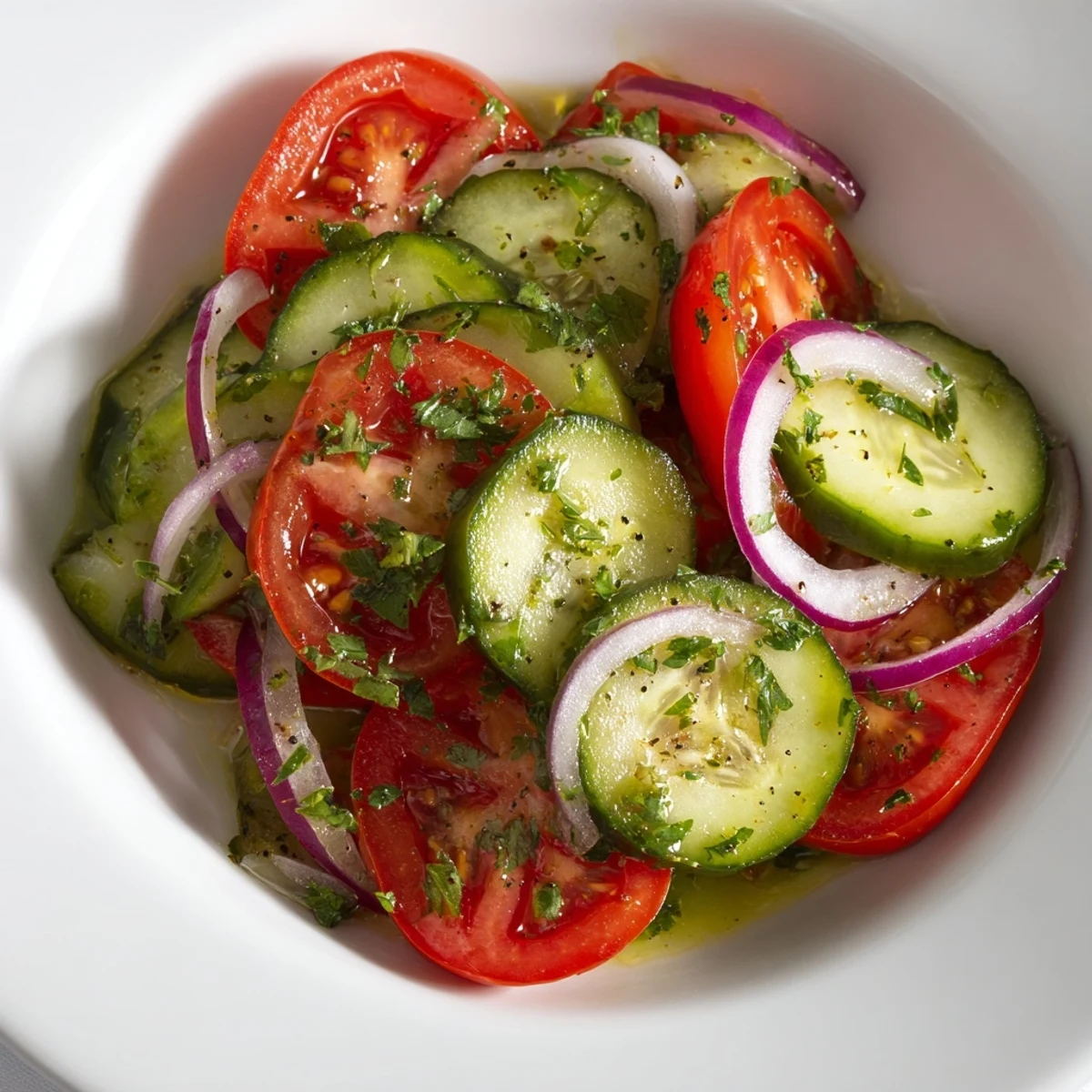 Homestyle Cucumber Tomato Salad with red onion, parsley, and zesty lemon