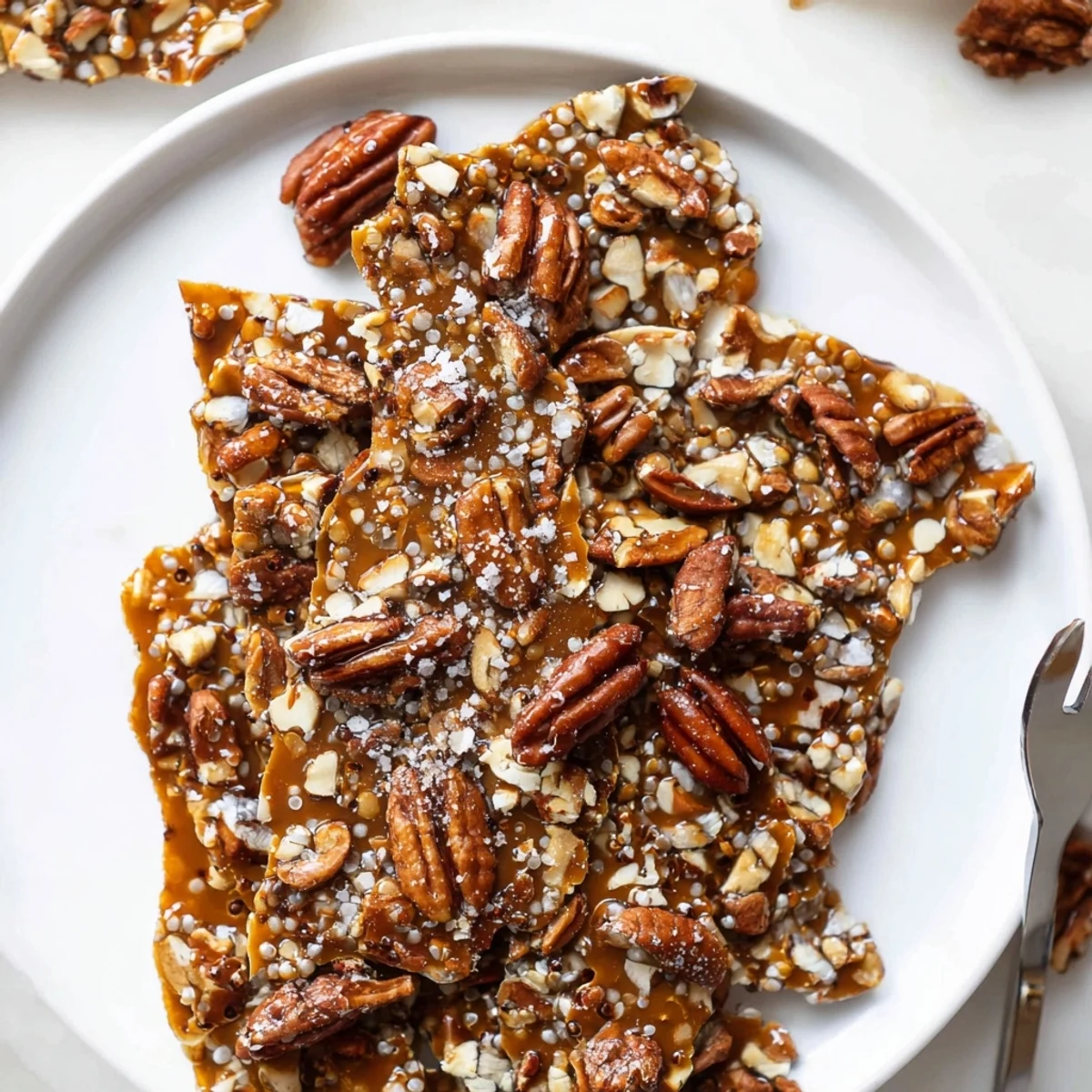 Chunks of Sea Salted Quinoa Pecan Brittle cooling on a baking sheet