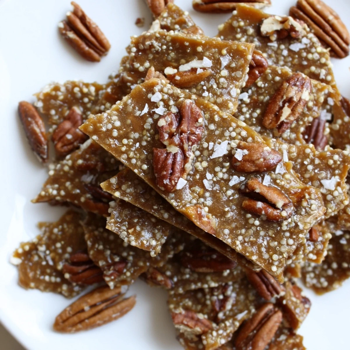 Sea Salted Quinoa Pecan Brittle glistening on parchment, toasted pecans and flaky salt visible