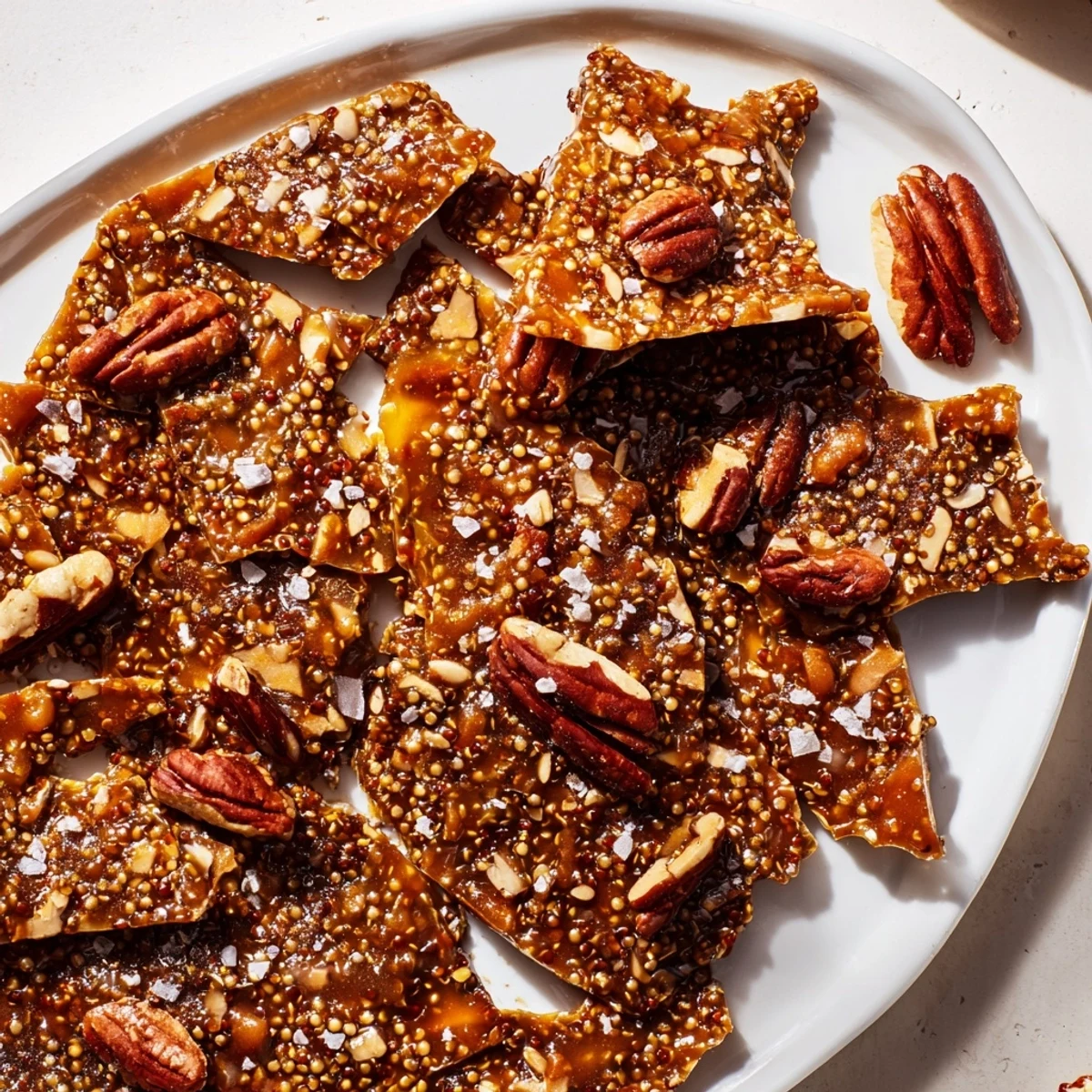 Hand-torn Sea Salted Quinoa Pecan Brittle revealing toasted pecans and puffed quinoa