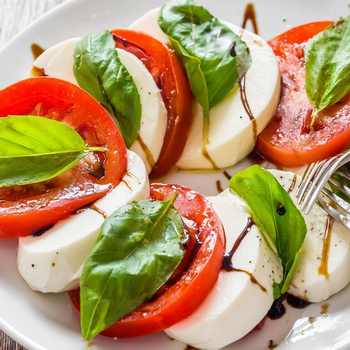 Classic Caprese Salad with ripe tomato slices, creamy mozzarella, basil, olive oil