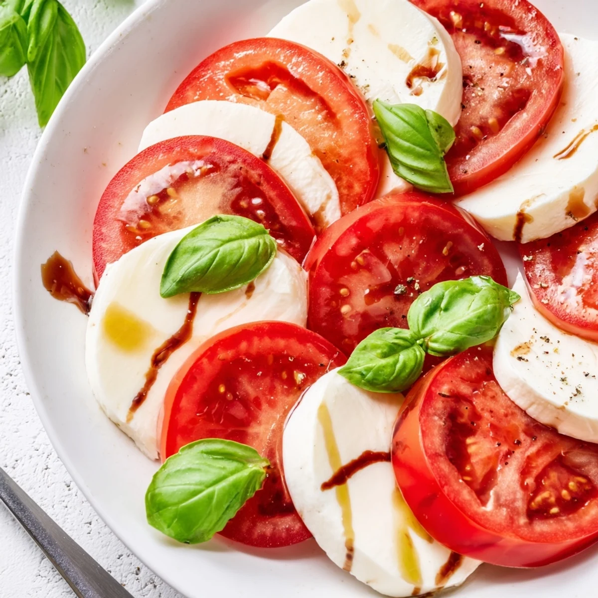 Summer Classic Caprese Salad served room-temperature, layered tomatoes and melting mozzarella