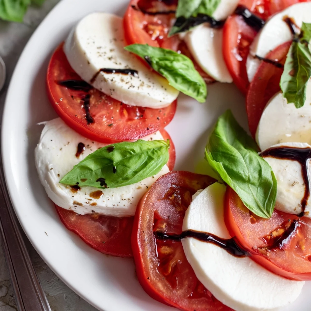 Bright Classic Caprese Salad arranged on platter, balsamic drizzle, fragrant basil