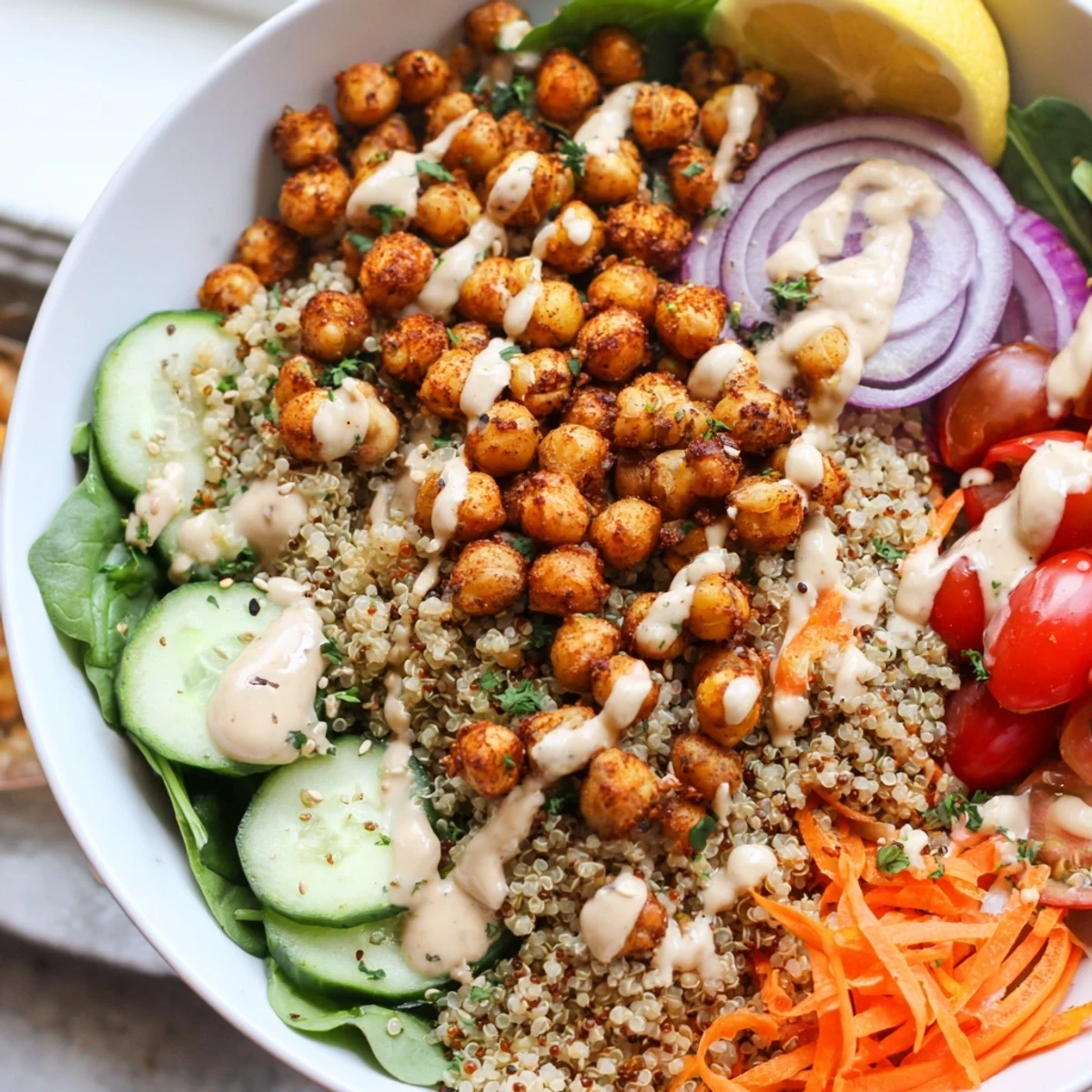 Colorful quinoa chickpea bowl topped with roasted chickpeas and fresh vegetables on a rustic table
