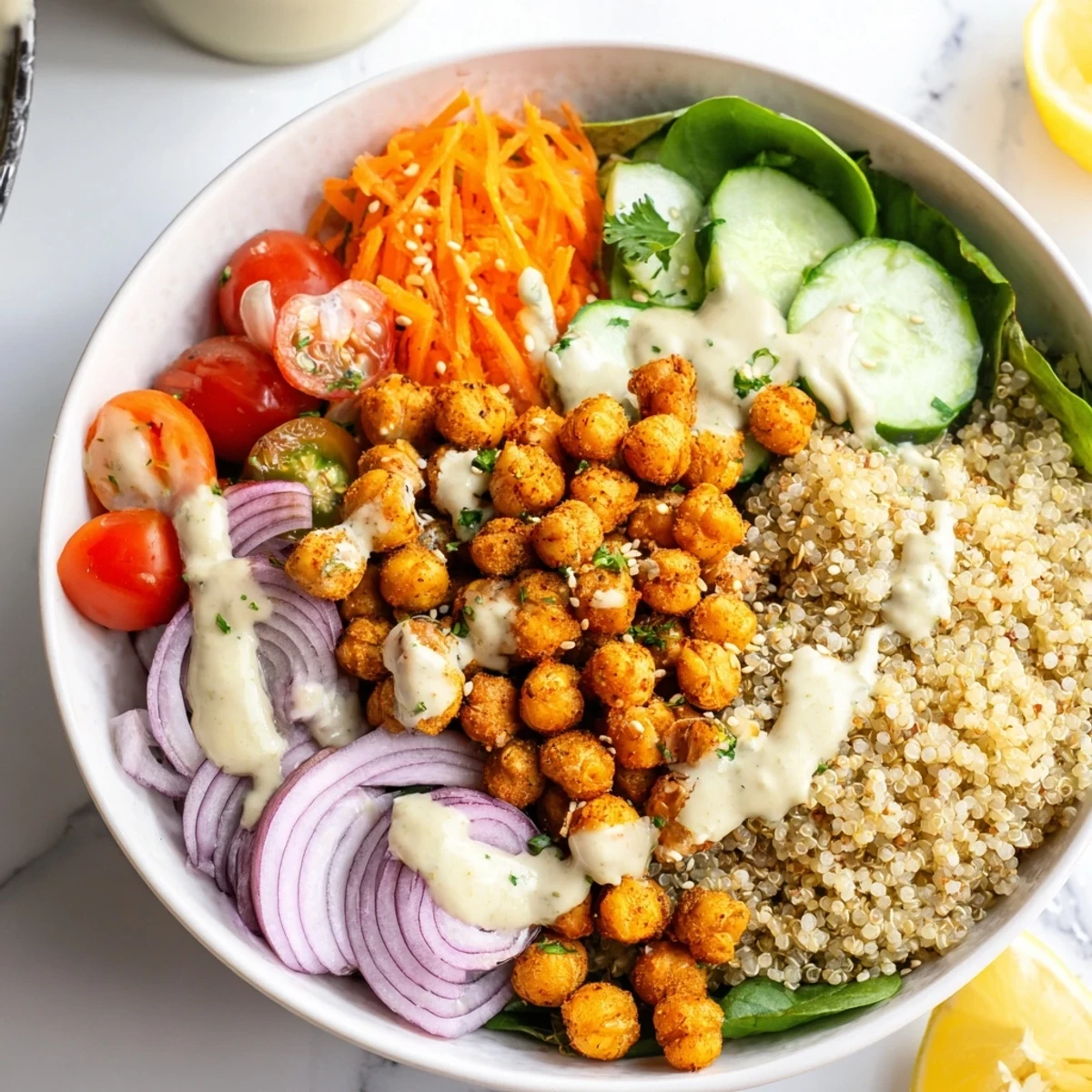 Crispy roasted chickpea and quinoa bowl served in a white dish with leafy greens