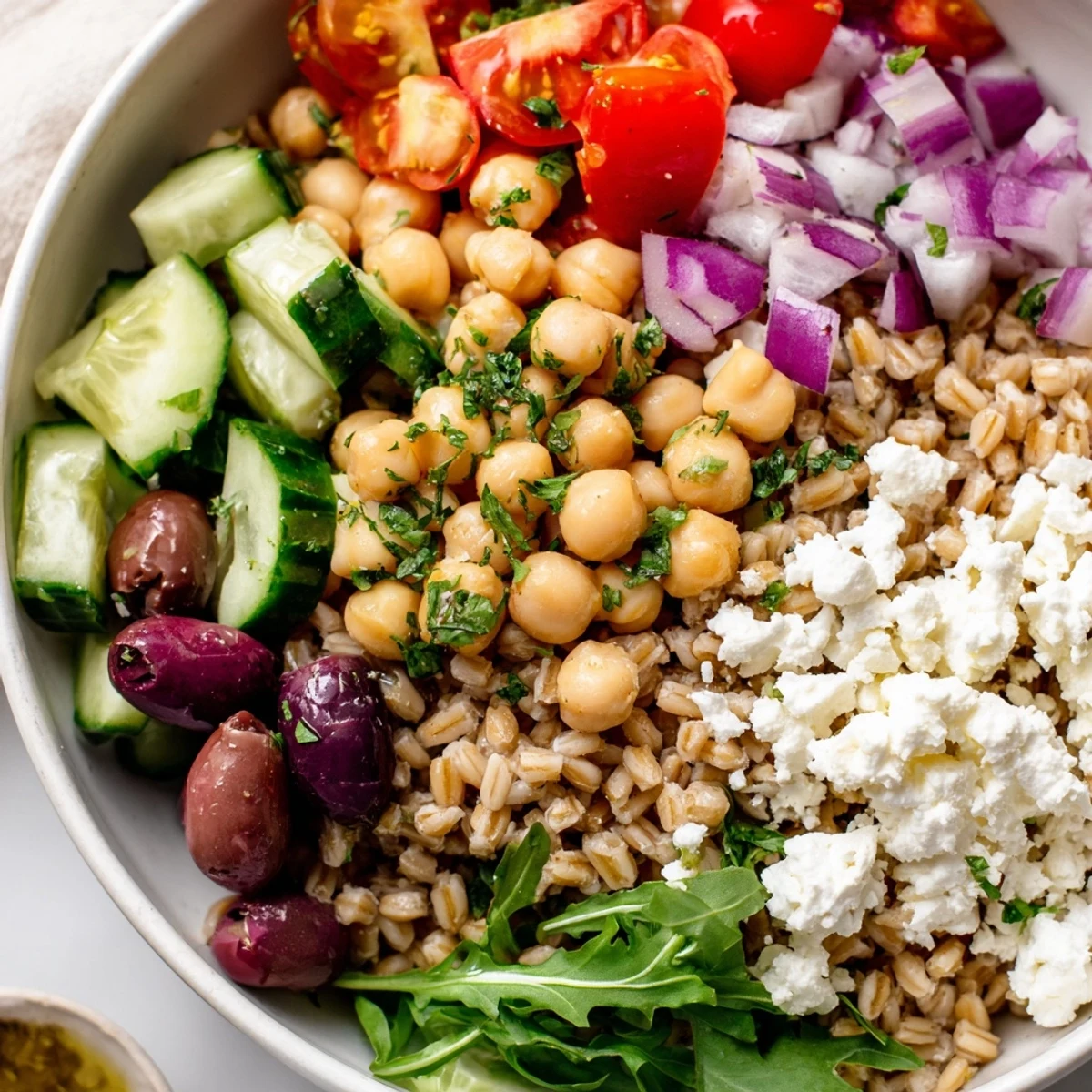 A colorful Mediterranean Grain Bowl topped with fresh crisp vegetables and tangy feta cheese
