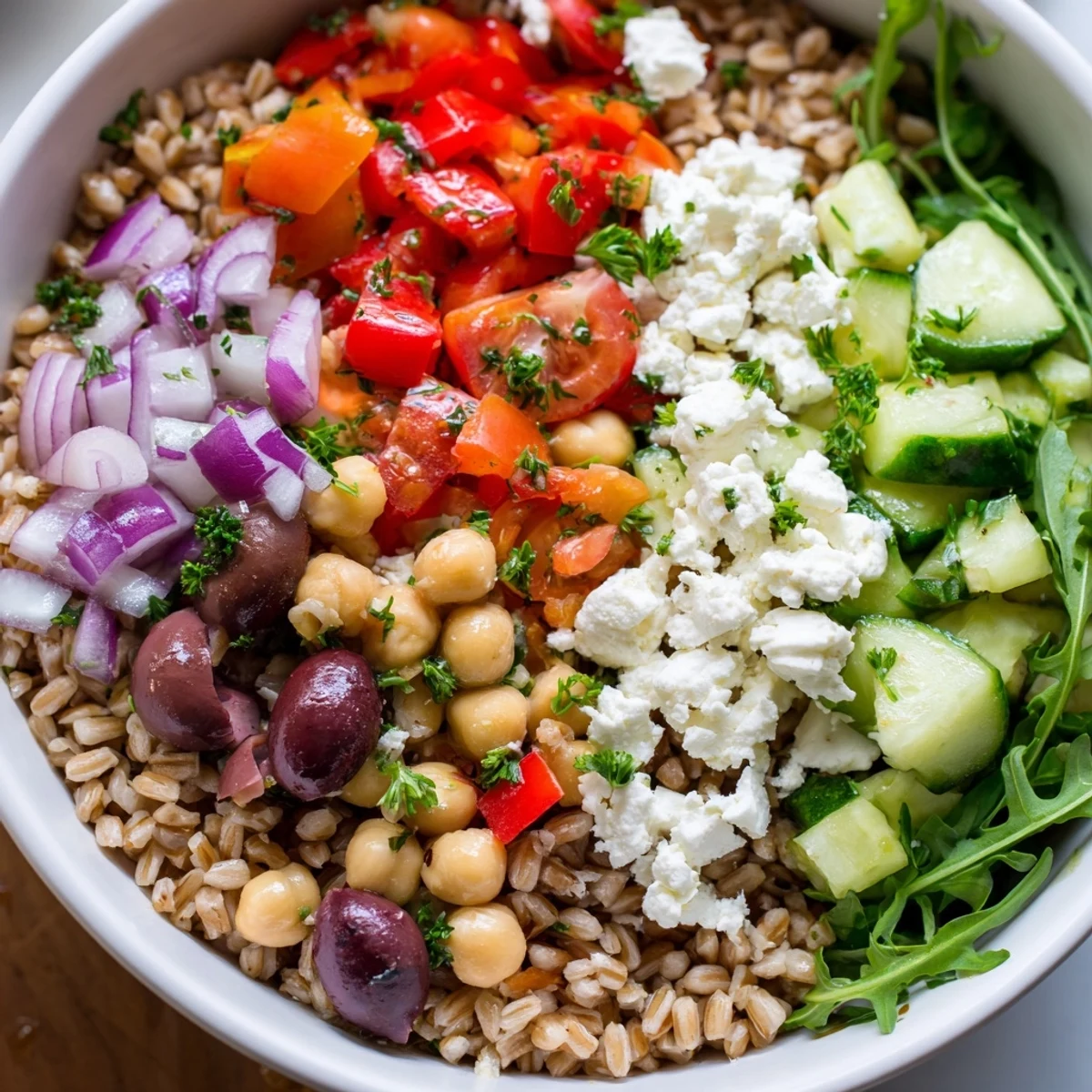 Steaming Mediterranean Grain Bowl drizzled with bright lemon herb dressing and sprinkled with parsley