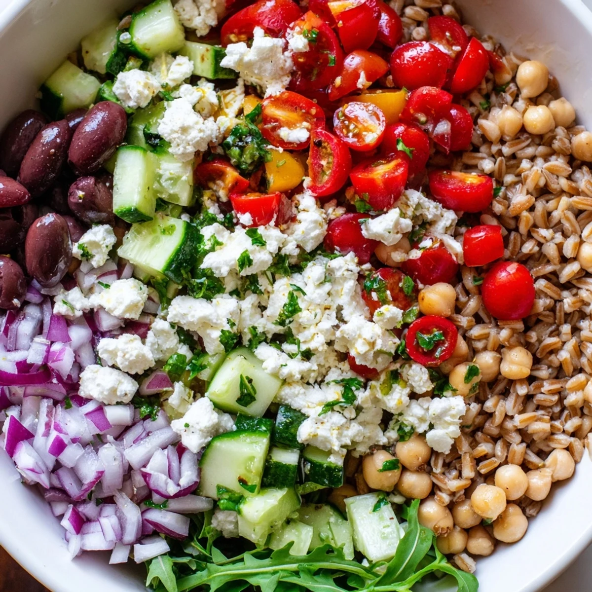 A vibrant Mediterranean Grain Bowl arranged on a rustic wooden table ready to serve