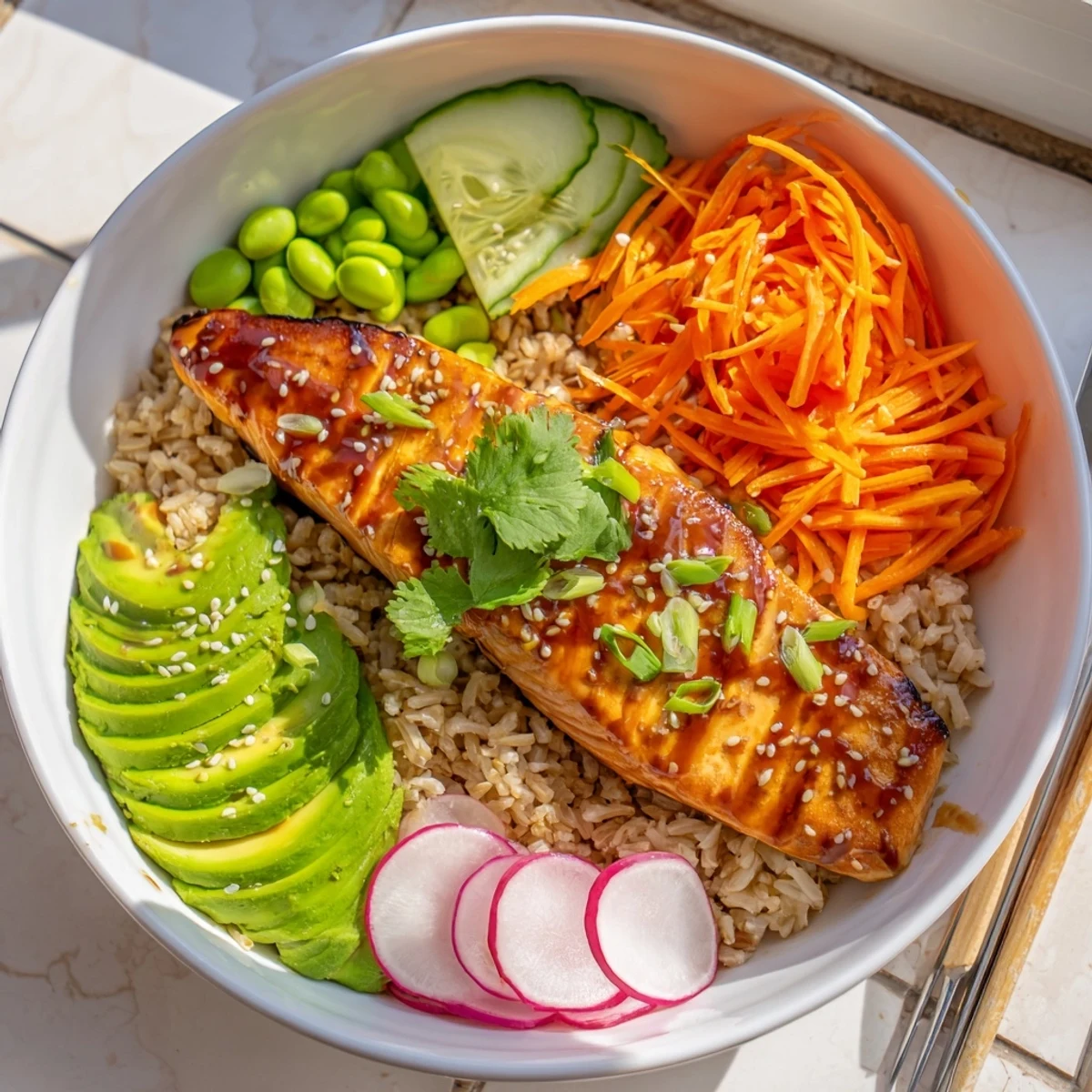Vibrant Asian salmon grain bowl loaded with crisp vegetables and avocado slices