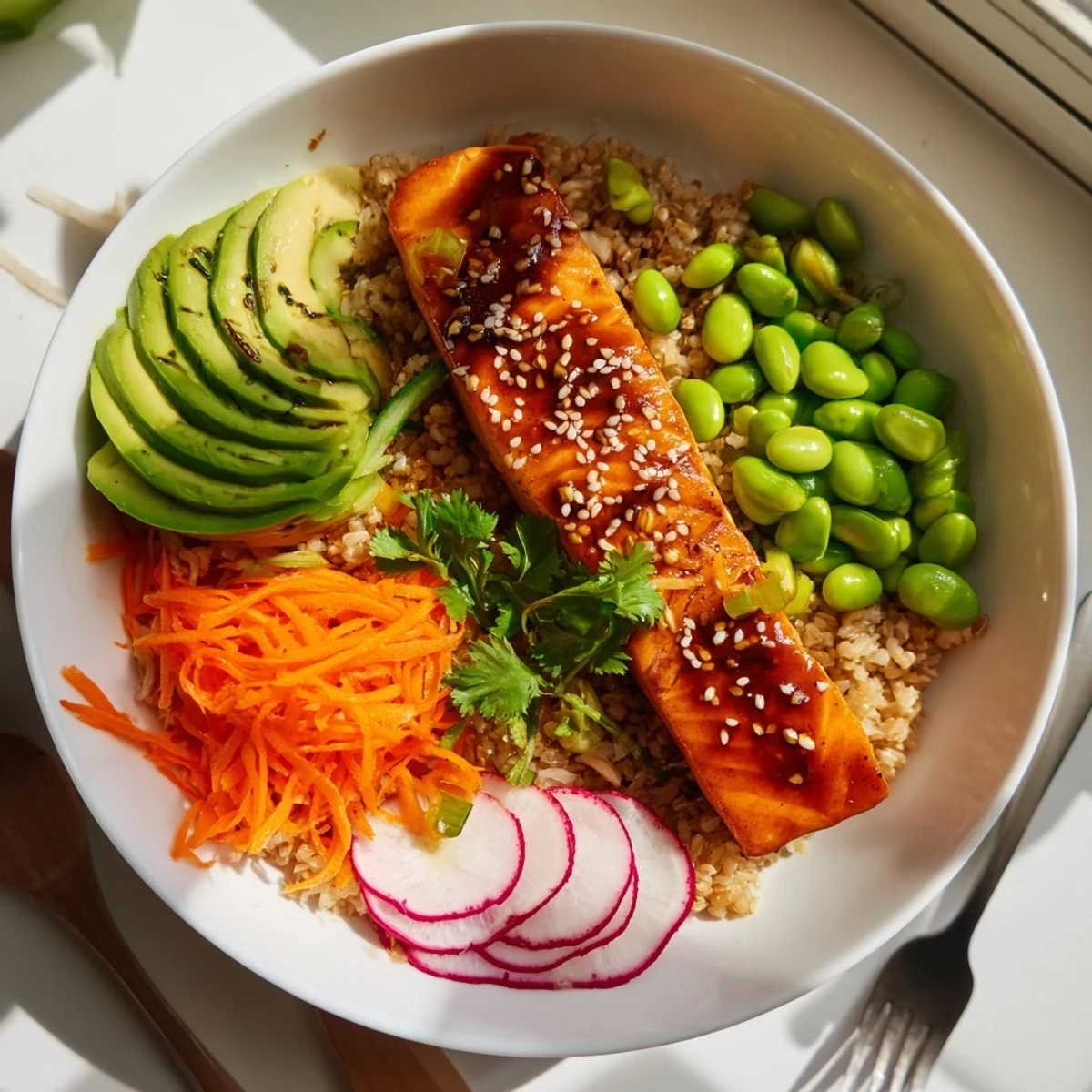 Glossy Asian salmon grain bowl topped with sesame seeds and fresh scallions