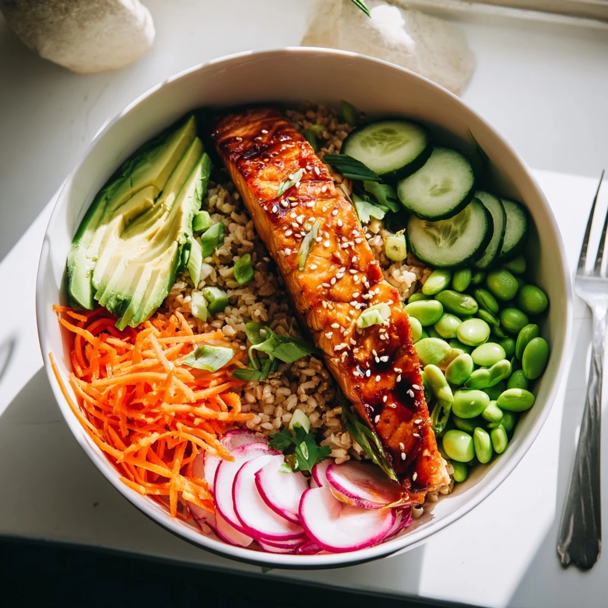 Caramelized glazed salmon served over a colorful Asian salmon grain bowl with edamame