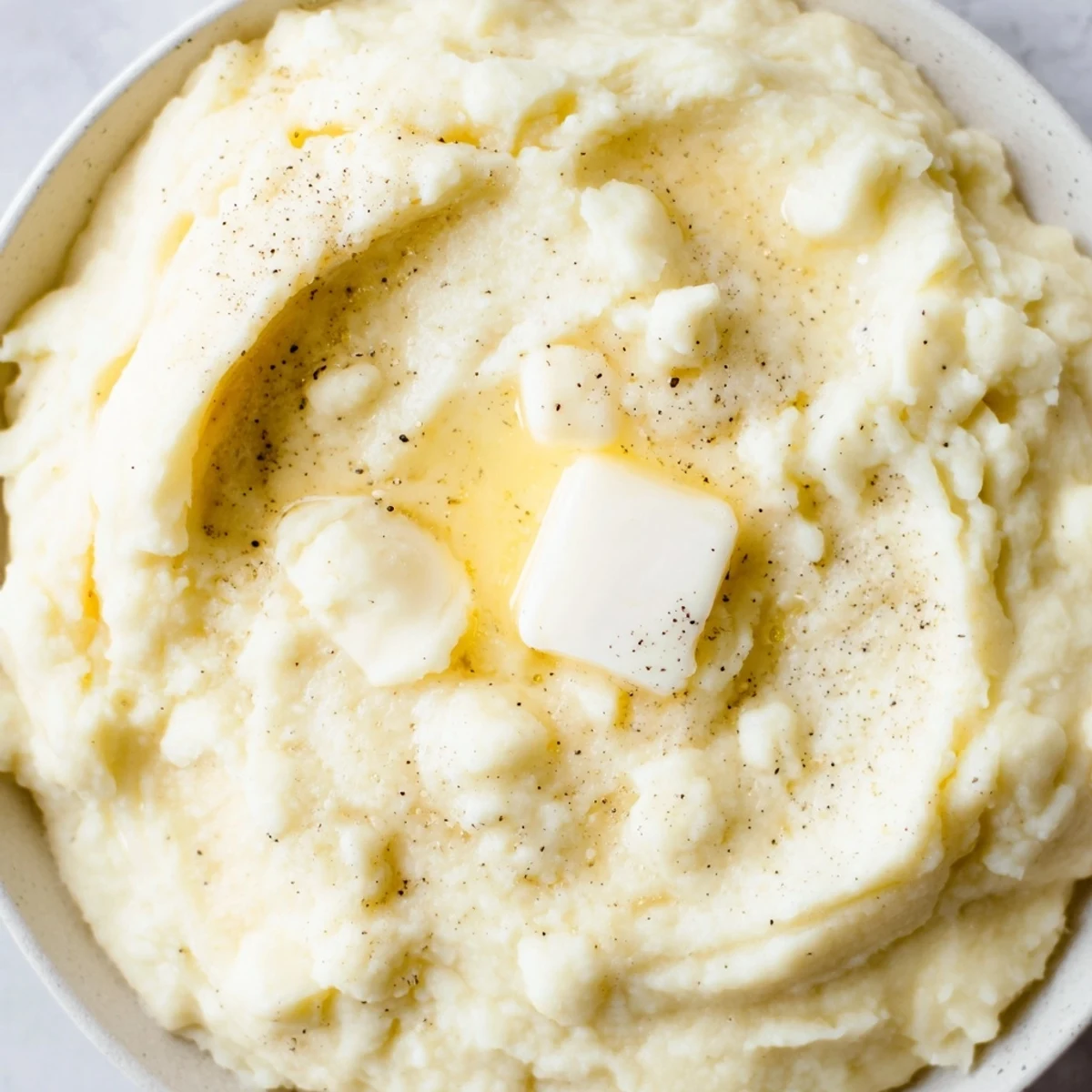 Velvety mashed potatoes swirled with melted butter in a warm serving bowl