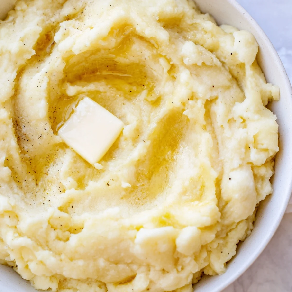 Smooth velvety mashed potatoes scooped onto a plate beside roasted meat and gravy