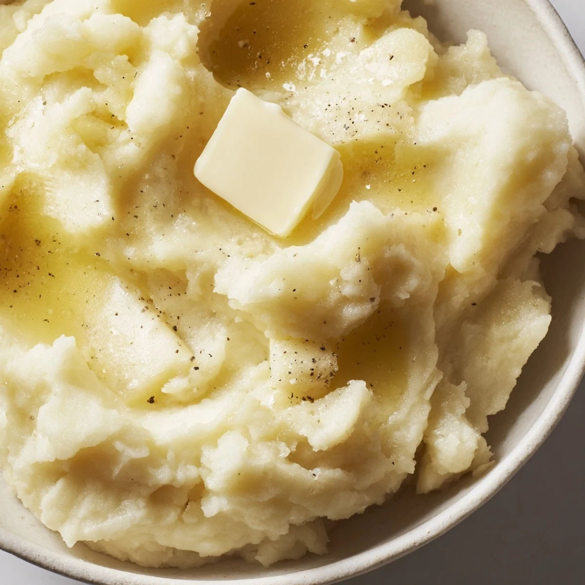 Creamy velvety mashed potatoes piled high and garnished with cracked black pepper