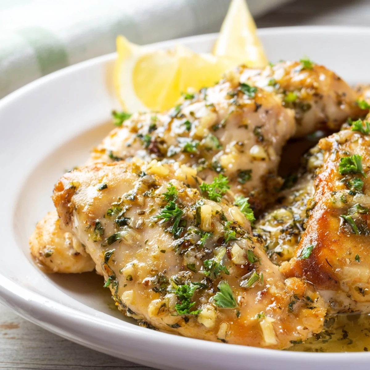 Golden garlic butter baked chicken breast with herbs in a rustic baking dish