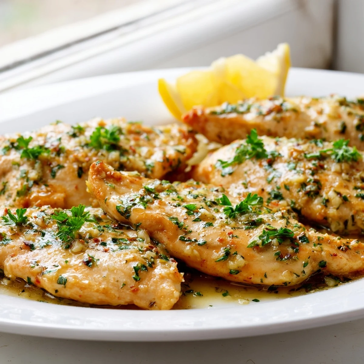 Juicy garlic butter baked chicken breast with fresh parsley and lemon wedges