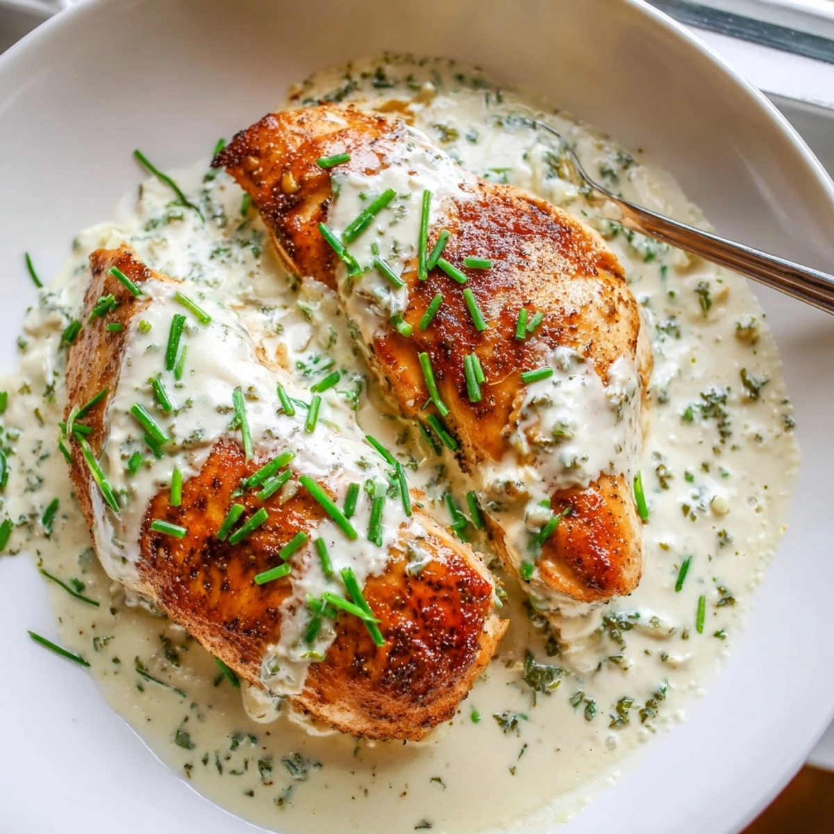 Creamy cream cheese chicken breasts coated in a velvety garlic Parmesan sauce with herbs