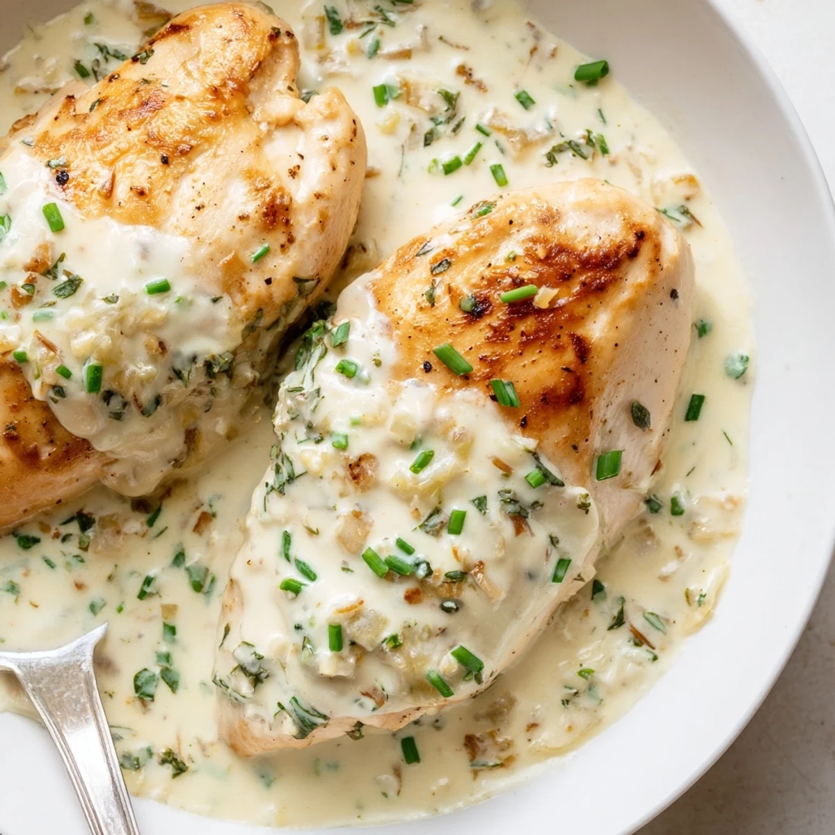 Golden seared cream cheese chicken nestled in a rich, bubbling dairy sauce with fresh chives