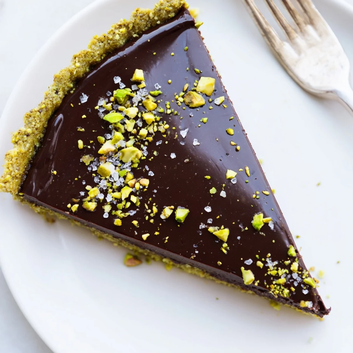 Silky dark chocolate pistachio tart sliced on a rustic wooden serving board