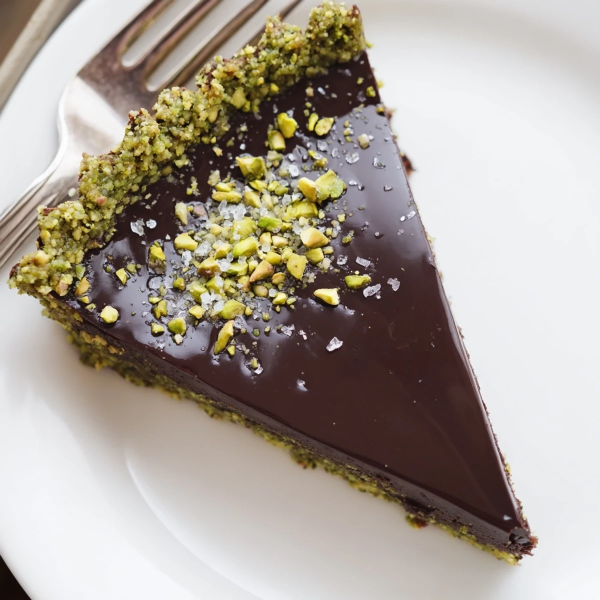 Elegant dark chocolate pistachio tart with a velvety ganache filling ready to serve