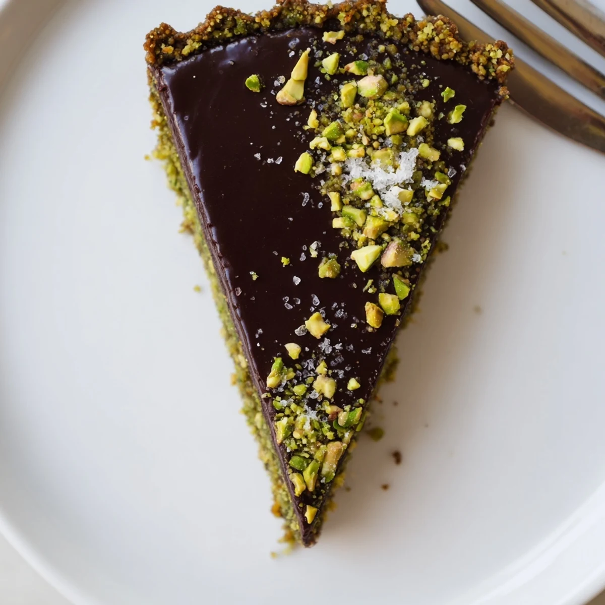 Glossy dark chocolate pistachio tart topped with crushed green nuts and sea salt