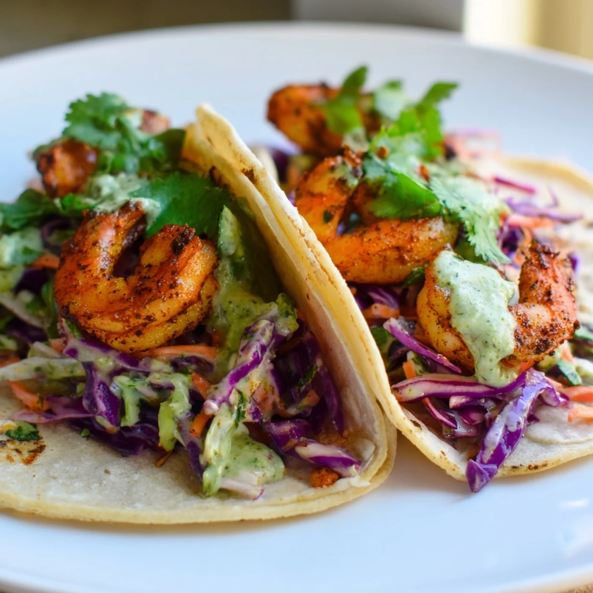 Crispy corn tortillas loaded with spicy shrimp tacos and vibrant purple cabbage slaw