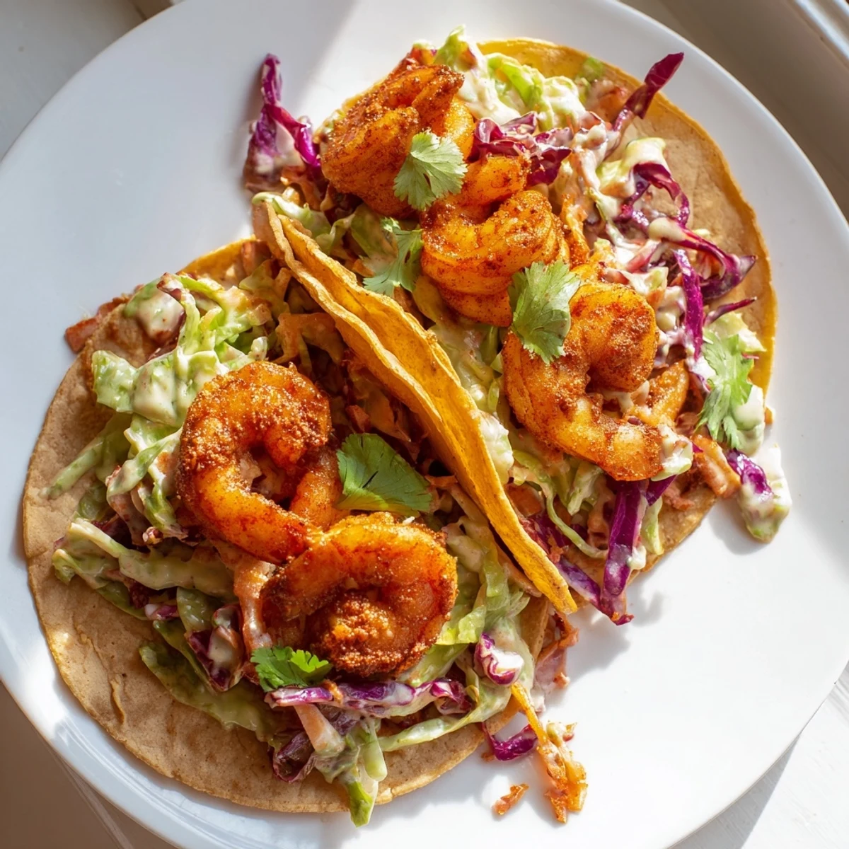 Golden spiced shrimp nestled in warm tortillas topped with tangy garlic cilantro lime slaw