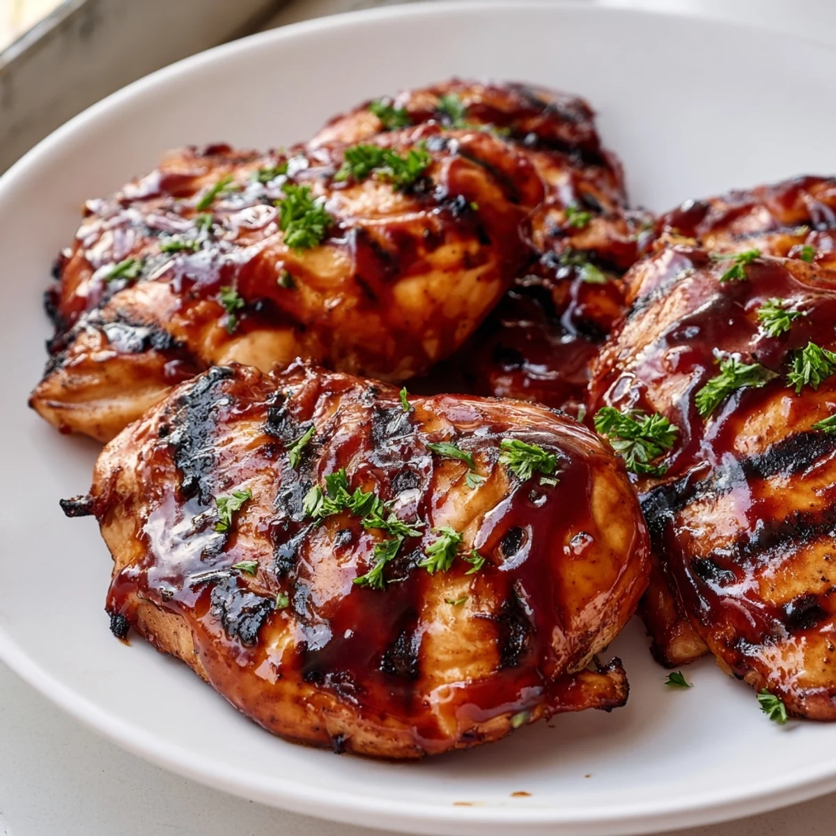Glossy grilled Coca Cola glazed chicken breast with sticky caramelized edges on a smoky grill